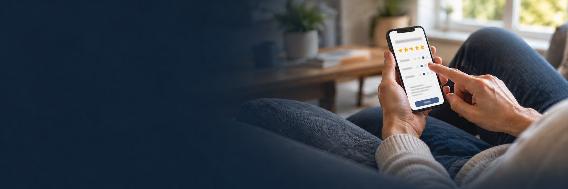 Person liest Bewertungen auf dem Mobiltelefon